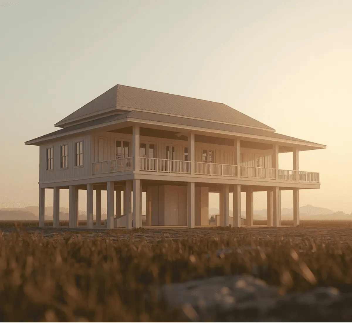 Photorealistic 3D rendering of an elevated Mississippi Gulf Coast home built to post-2005 building standards
