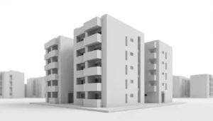 Early massing study rendering showing the basic shape and scale of a multifamily building for planning review