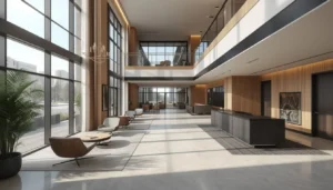 Set of 3D renderings showing a multifamily building lobby, unit interior, and amenity space