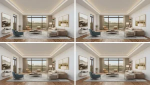 Grid of consistent 3D unit floor plan renderings showing a coherent multifamily project set