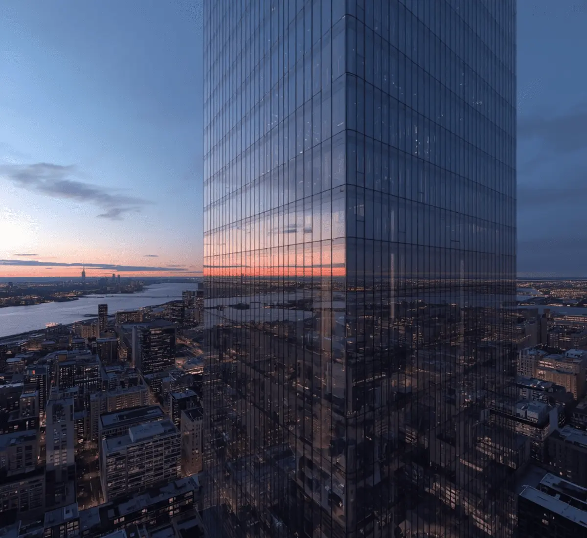 Photorealistic 3D rendering of a modern Jersey City residential tower with a Manhattan skyline view