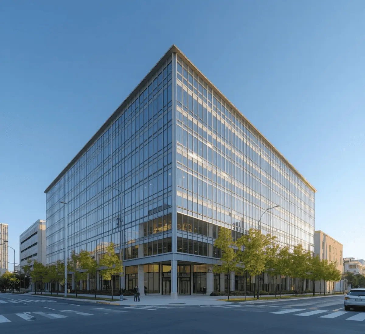 Photorealistic 3D rendering of a modern Charlotte building exterior reflecting North Carolina's growing banking and biotech markets