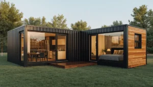 3D exterior rendering of an L-shaped two-container home layout with private entry