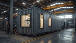 Prefab container home being assembled and finished inside a factory before shipping
