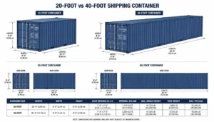Diagram comparing the dimensions of 20-foot and 40-foot shipping containers used for home construction