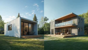 Side-by-side comparison of a single-container tiny home and a multi-container family home