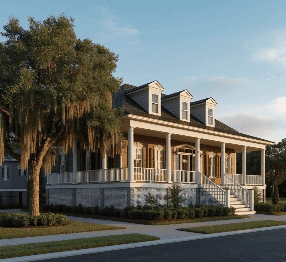 3D architectural rendering of a modern Charleston-style South Carolina home with porch and raised foundation