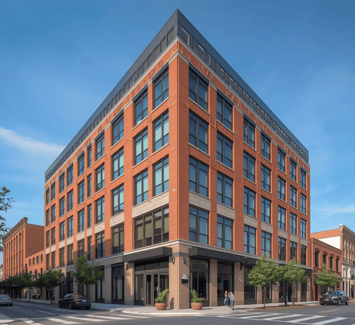 Photorealistic 3D rendering of a modern Nashville building exterior reflecting Tennessee's growing development market