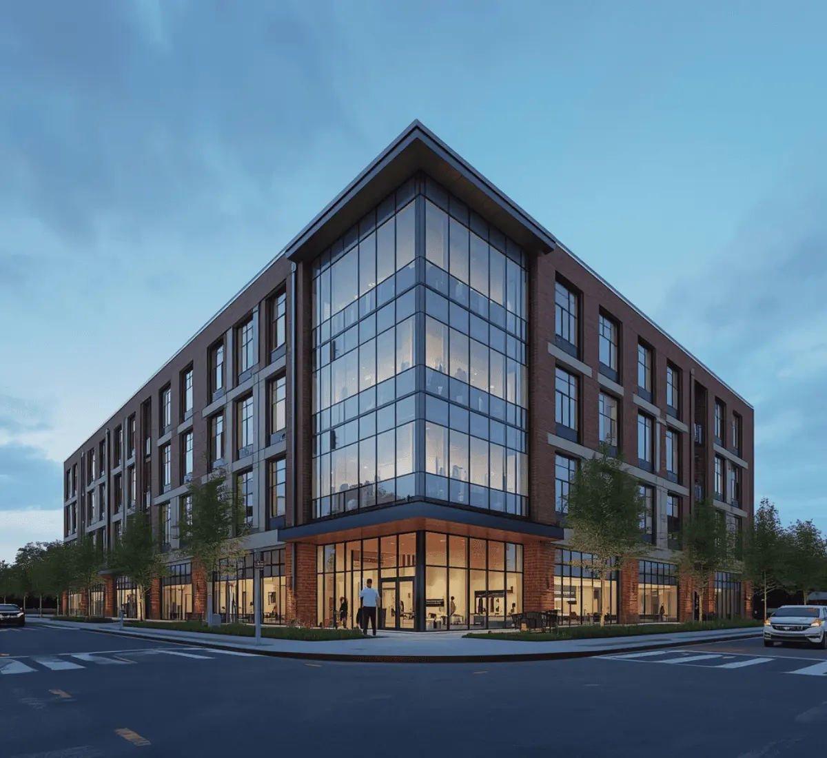 Photorealistic 3D rendering of a modern Virginia building exterior reflecting the state's mix of tech, defense, and historic development