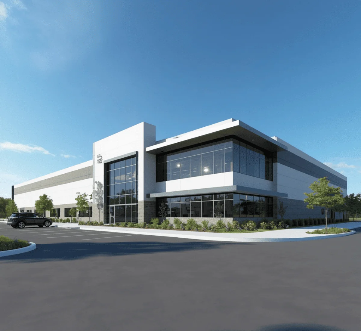 Photorealistic 3D rendering of a modern Alabama building exterior reflecting the state's aerospace and manufacturing growth