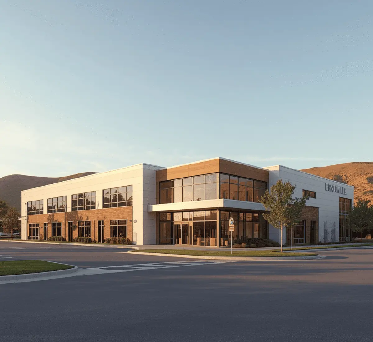 Photorealistic 3D rendering of a modern Arkansas building exterior under Ozark daylight