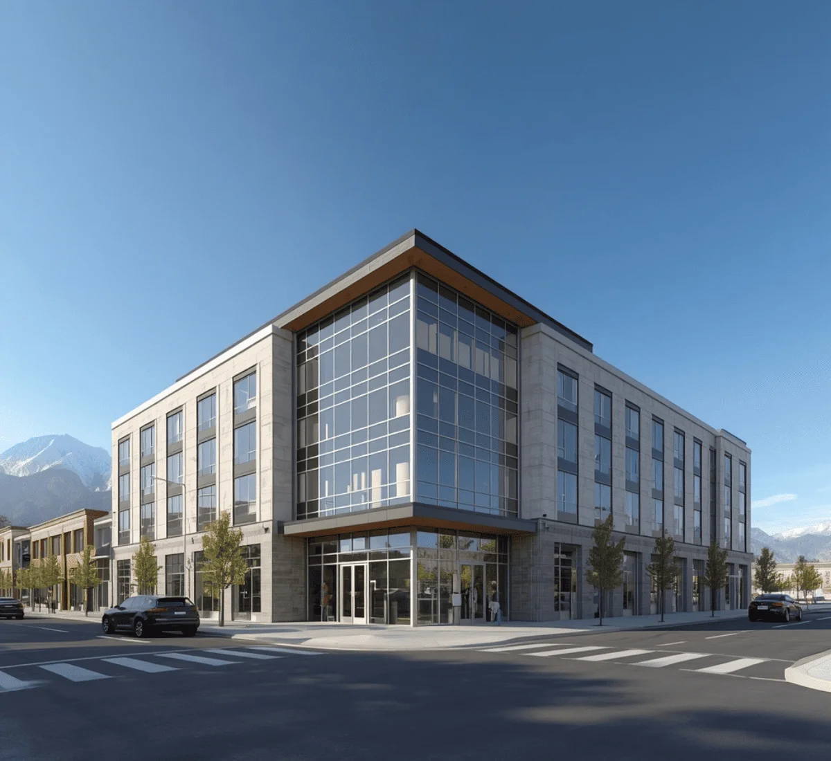 Photorealistic 3D rendering of a modern Utah building exterior under crisp Wasatch Front daylight